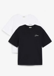 T-shirt z grubej bawełny (2 szt.). Czarne t-shirty męskie bonprix, m, bez wzorów, z bawełny, eleganckie, bez kołnierzyka. Za 107.99 zł.