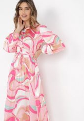 Fuksjowa Sukienka Dynaia. Czerwone sukienki damskie Born2be, na imprezę, s, bez wzorów, z materiału, eleganckie, bez kołnierzyka, bez ramiączek, midi, plisowane. Za 29.99 zł.