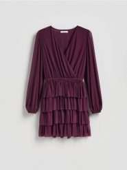 Sukienka mini w groszki - ciemnofioletowy. Fioletowe sukienki damskie Reserved, l, bez wzorów, z dzianiny, bez kołnierzyka, bez ramiączek, mini, rozkloszowane. Za 139.99 zł.