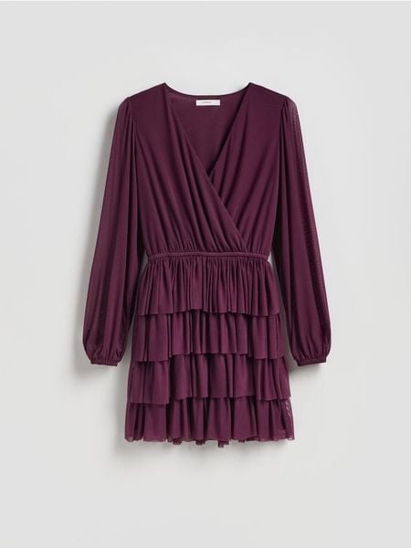 Sukienka mini - ciemnofioletowy. Fioletowe sukienki damskie Reserved, l, bez wzorów, z dzianiny, bez kołnierzyka, bez ramiączek, mini, rozkloszowane. Za 139.99 zł.