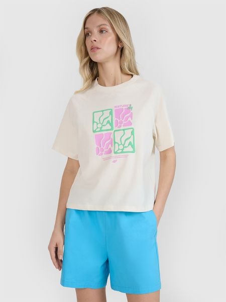 4F T-shirt oversize z nadrukiem damski - biały XL. Białe koszulki sportowe damskie 4f, s, bez wzorów, z bawełny, bez kołnierzyka, bez ramiączek. W wyprzedaży za 39.99 zł.