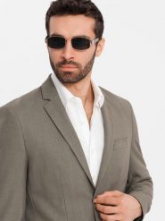 Męska elegancka marynarka SLIM FIT z rayonem – oliwkowa V5 OM-BLZB-0135 - XXL. Zielone marynarki męskie Ombre Clothing, bez wzorów, z materiału, eleganckie. Za 359.99 zł.