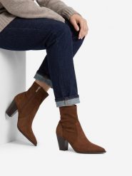 Nine West Botki EO-LBT805720-2 Brązowy jasny. Brązowe botki damskie Nine West, z materiału, bez obcasa, na słupku, bez zapięcia. Za 329.99 zł.