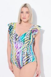 Damski Kostium kąpielowy zwierzęce paski miękkie miseczki falbana z ramiączkach. Brązowe kostiumy jednoczęściowe damskie Ulla Popken, plus size, bez wzorów, z elastanu, plus size, do pływania. Za 191.99 zł.