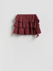 Spódnica mini z falbanami - bordowy. Czerwone spódnice damskie Reserved, l, bez wzorów, z tkaniny, mini, proste. Za 109.99 zł.