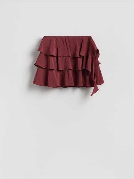 Spódnica mini z falbanami - bordowy. Czerwone spódnice damskie Reserved, l, bez wzorów, z tkaniny, mini, proste. W wyprzedaży za 45.99 zł.