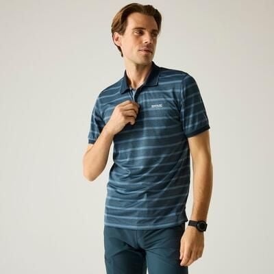 Męska koszulka polo Kildra w paski z siateczki. Niebieskie koszulki polo męskie Regatta, m, bez wzorów, z materiału, klasyczne, bez ramiączek. Za 99.99 zł.