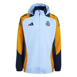 Kurtka dresowa zewnętrzna Real Madrid 2024/25. Niebieskie kurtki sportowe męskie Adidas, bez wzorów, z dresówki, do piłki nożnej. W wyprzedaży za 345.50 zł.