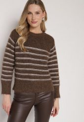 Brązowy Sweter z Domieszką Wełny w Paski Lidavia. Brązowe swetry damskie Born2be, bez wzorów, z jeansu, eleganckie, bez kołnierzyka, bez ramiączek, bez kaptura. Za 119.99 zł.