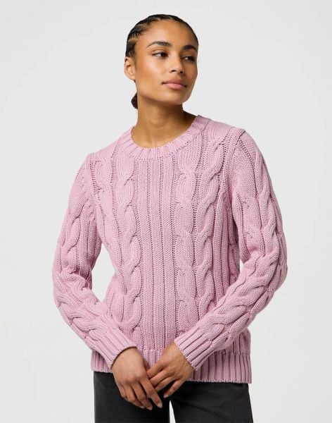 DAMSKI SWETER WRANGLER CABLE KNIT CREW KEEPSAKE LILAC 112370799. Swetry damskie Wrangler, s, bez wzorów, bez kołnierzyka, bez ramiączek, bez kaptura. Za 159.99 zł.