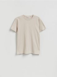 T-shirt regular w prążek - beżowy. Brązowe t-shirty męskie Reserved, l, bez wzorów, z bawełny, bez kołnierzyka. Za 79.99 zł.