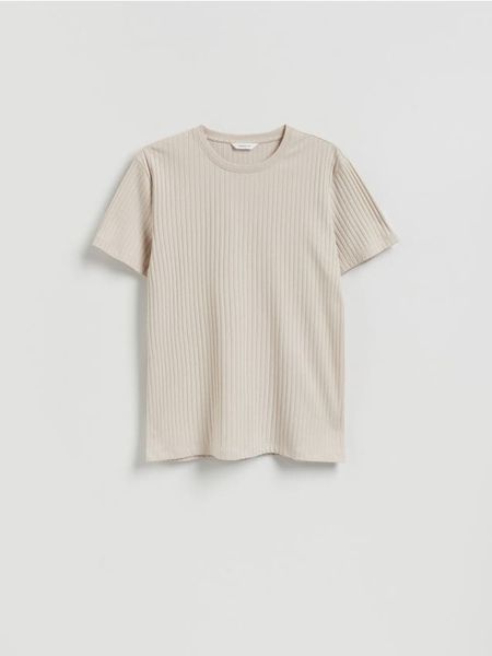 T-shirt regular w prążek - beżowy. Brązowe t-shirty męskie Reserved, l, bez wzorów, z bawełny, bez kołnierzyka. Za 79.99 zł.