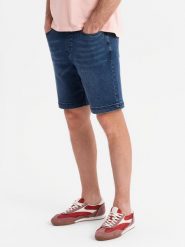 Męskie szorty z gumką w pasie i efektem sprania – niebieskie V2 OM-SRDS-0192 - XXL. Niebieskie szorty męskie Ombre Clothing, na lato, l, bez wzorów, z bawełny, eleganckie. W wyprzedaży za 99.99 zł.