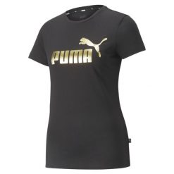 Damska koszulka z metalicznym logo Essentials+ PUMA Black Gold Foil. Czarne koszulki sportowe damskie Puma, s, bez wzorów, eleganckie, bez kołnierzyka. Za 153.00 zł.