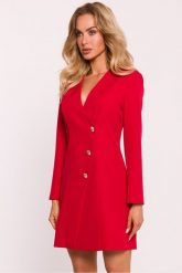 Elegancka sukienka żakietowa z dekoltem V i guzikami czerwona. Czerwone sukienki damskie MOE, l, bez wzorów, eleganckie, bez kołnierzyka, bez ramiączek. Za 399.00 zł.