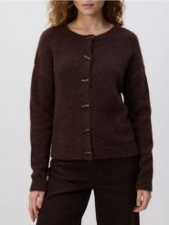 Kardigan z dodatkiem wełny - ciemnobrązowy. Brązowe kardigany damskie Reserved, l, bez wzorów, z dzianiny. Za 139.99 zł.