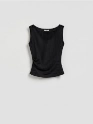 Bluzka z wiskozą - ciemnoszary. Szare bluzki damskie Reserved, l, bez wzorów, z dzianiny, bez kołnierzyka, bez ramiączek. Za 79.99 zł.