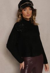 Czarny Golf z Wełną o Kroju Oversize z Kwiatem 3D i Cekinami Zolimi. Czarne swetry damskie Renee, l, z aplikacjami, z wełny, eleganckie, bez kołnierzyka, bez ramiączek, bez kaptura. Za 119.99 zł.