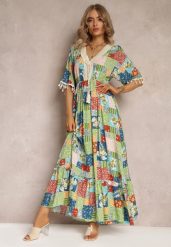 Zielona Rozkloszowana Sukienka Maxi z Falbanką w Patchworkowy Wzór Fiorella. Zielone sukienki damskie Renee, l, z aplikacjami, z bawełny, bez kołnierzyka, bez ramiączek, maxi, rozkloszowane. Za 84.99 zł.