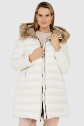 BLAUER Ecru kurtka puchowa damska z odpinanym futrem jenota. Białe kurtki damskie Blauer USA, s, bez wzorów, z puchu, bez kaptura. W wyprzedaży za 1,259.99 zł.