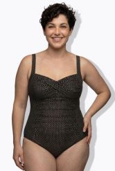 Damski Strój kąpielowy metaliczny miękkie miseczki podszewka powermesh z przodu. Czarne kostiumy jednoczęściowe damskie Ulla Popken, plus size, bez wzorów, z elastanu, plus size, do pływania. Za 223.99 zł.