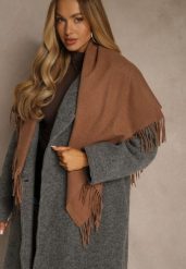 Jasnobrązowy Bawełniano-Wiskozowy Szalik w Kształcie Trójkąta z Frędzlami Vetisara. Brązowe szaliki i chusty damskie Renee, bez wzorów, z bawełny. Za 39.99 zł.