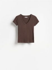 T-shirt z bawełną - brązowy. Brązowe t-shirty damskie Reserved, l, bez wzorów, z bawełny, bez kołnierzyka. Za 49.99 zł.