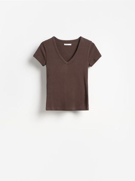 T-shirt z bawełną - brązowy. Brązowe t-shirty damskie Reserved, l, bez wzorów, z bawełny, bez kołnierzyka. Za 49.99 zł.
