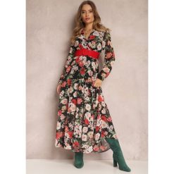Czarna Sukienka z Paskiem i Gumką w Pasie Hahonu. Czarne sukienki damskie Renee, s, bez wzorów, z zamszu, boho, bez kołnierzyka, bez ramiączek, maxi, kopertowe. Za 69.99 zł.