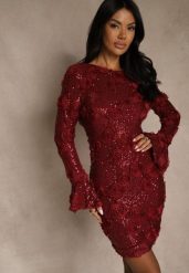 Bordowa Dopasowana Sukienka Ozdobiona Cekinami i Kwiatami 3D Raweda. Czerwone sukienki damskie Renee, na co dzień, na wiosnę, l, bez wzorów, z poliesteru, bez kołnierzyka, bez ramiączek, midi, dopasowane. Za 239.99 zł.