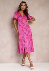 Fioletowa Rozkloszowana Sukienka na Guziki w Kwiaty Meliar. Fioletowe sukienki damskie Renee, s, bez wzorów, bez kołnierzyka, bez ramiączek, midi, rozkloszowane. Za 64.99 zł.