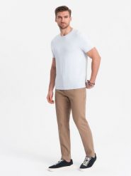 Spodnie męskie chino SLIM FIT - jasnobrązowe V2 OM-PACP-0186 - XXL. Brązowe spodnie materiałowe męskie Ombre Clothing, l, bez wzorów, z bawełny. W wyprzedaży za 149.99 zł.