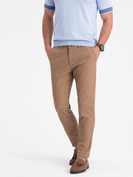 Spodnie męskie chino SLIM FIT - jasnobrązowe V2 - Rozmiar: L. Brązowe spodnie materiałowe męskie Ombre Clothing, l, bez wzorów, z bawełny. W wyprzedaży za 149.99 zł.