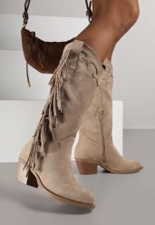 Ciemnobeżowe Kozaki Typu Kowbojki na Stożkowym Obcasie z Frędzlami Reissana. Brązowe kozaki damskie Born2be, z jeansu, bez obcasa, na obcasie. Za 149.99 zł.