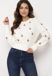 Biały Sweter z Wiskozą Ozdobiony Haftem z Wisienkami Vaithna. Białe swetry damskie Born2be, s, bez wzorów, z jeansu, eleganckie, bez kołnierzyka, bez ramiączek, długie, bez kaptura. Za 109.99 zł.