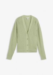 Sweter rozpinany w ażurowy wzór z dodatkiem lnu. Zielone swetry damskie bonprix, na wiosnę, w ażurowe wzory, bez kołnierzyka, bez ramiączek, bez kaptura. Za 47.99 zł.