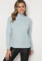 Jasnoniebieski Sweter Golf z Ozdobnym Tłoczeniem Zakończony Ściągaczem Melodiea. Niebieskie swetry damskie Born2be, na zimę, bez wzorów, bez kołnierzyka, bez ramiączek, bez kaptura. Za 89.99 zł.