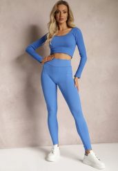 Niebieskie Prążkowane Legginsy z Wysokim Stanem Amokka. Niebieskie legginsy damskie Renee, s, bez wzorów, z jeansu. Za 44.99 zł.