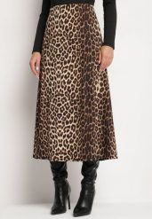 Brązowa Spódnica High Waist w Panterkę o Trapezowym Kroju z Gumką w Talii Ililae. Brązowe spódnice damskie Born2be, uniwersalny, bez wzorów, eleganckie, z podwyższonym stanem, midi, dopasowane. Za 69.99 zł.