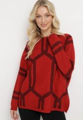 Czerwony Sweter z Geometrycznym Wzorem i Ściągaczami Buvania. Czerwone swetry damskie Born2be, xl, bez wzorów, bez kołnierzyka, bez ramiączek, bez kaptura. Za 99.99 zł.