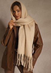 Beżowy Szalik Ozdobiony Frędzlami Owedela. Brązowe szaliki i chusty damskie Renee, bez wzorów, z jeansu, street. Za 44.99 zł.