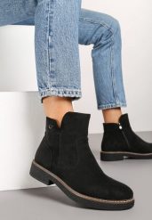 Czarne Botki na Płaskiej Podeszwie z Ozdobnymi Przeszyciami Harirae. Czarne botki damskie Renee, z jeansu, eleganckie, z okrągłym noskiem, bez obcasa, na płaskiej podeszwie, bez zapięcia. Za 99.99 zł.