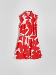 Bawełniana sukienka mini - czerwony. Czerwone sukienki damskie Reserved, l, bez wzorów, z bawełny, bez kołnierzyka, bez ramiączek, mini, rozkloszowane. W wyprzedaży za 55.99 zł.