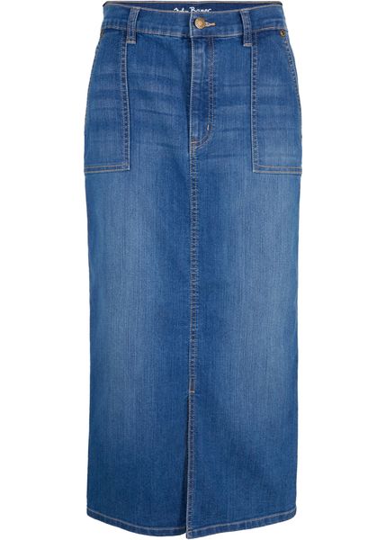 Spódnica dżinsowa z rozcięciem. Niebieskie spódnice damskie bonprix, bez wzorów, midi. Za 54.99 zł.