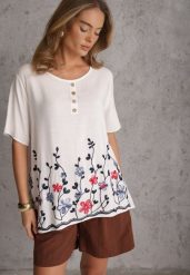 Biała Bawełniana Bluzka z Haftowanymi Kwiatami Ephalle. Białe t-shirty i topy dla dziewczynek Renee, bez wzorów, z bawełny, bez ramiączek. Za 59.99 zł.