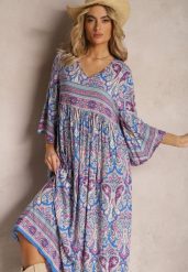 Niebiesko-Fioletowa Rozkloszowana Sukienka we Wzór Paisley z Rękawem 3/4 Briarwa. Niebieskie sukienki damskie Renee, l, bez wzorów, eleganckie, bez kołnierzyka, bez ramiączek, maxi, rozkloszowane. Za 69.99 zł.