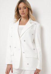 Biała Pudełkowa Marynarka z Kieszeniami i Ozdobnymi Literkami Keletia. Białe żakiety damskie Born2be, m, bez wzorów, z jeansu, eleganckie. Za 199.99 zł.