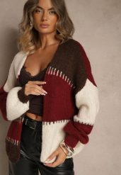 Bordowy Kardigan z Domieszką Wełny i Wiskozy w Patchworkowym Stylu Fesolinne. Czerwone kardigany damskie Renee, s, bez wzorów, z jeansu. Za 129.99 zł.