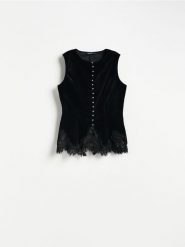 Welurowa bluzka z koronką - czarny. Czarne bluzki damskie Reserved, l, bez wzorów, z koronki, bez kołnierzyka, bez ramiączek. Za 179.99 zł.