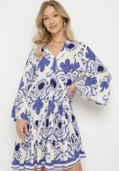 Niebieska Wiskozowa Sukienka o Rozkloszowanym Kroju w Ornamentalny Wzór Pasluna. Niebieskie sukienki damskie Born2be, na co dzień, l, bez wzorów, z jeansu, eleganckie, bez kołnierzyka, bez ramiączek, mini, rozkloszowane. Za 99.99 zł.